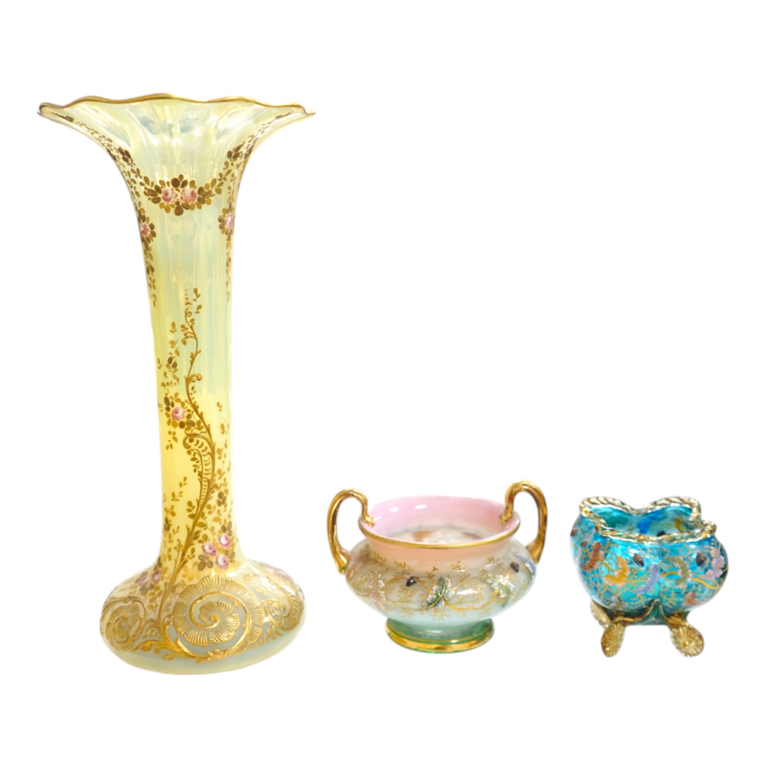 Three Bohemian gilt decorated glass vessels, including two Moser bowls and a tall Vaseline vase, 34.5cm high. Condition - good.